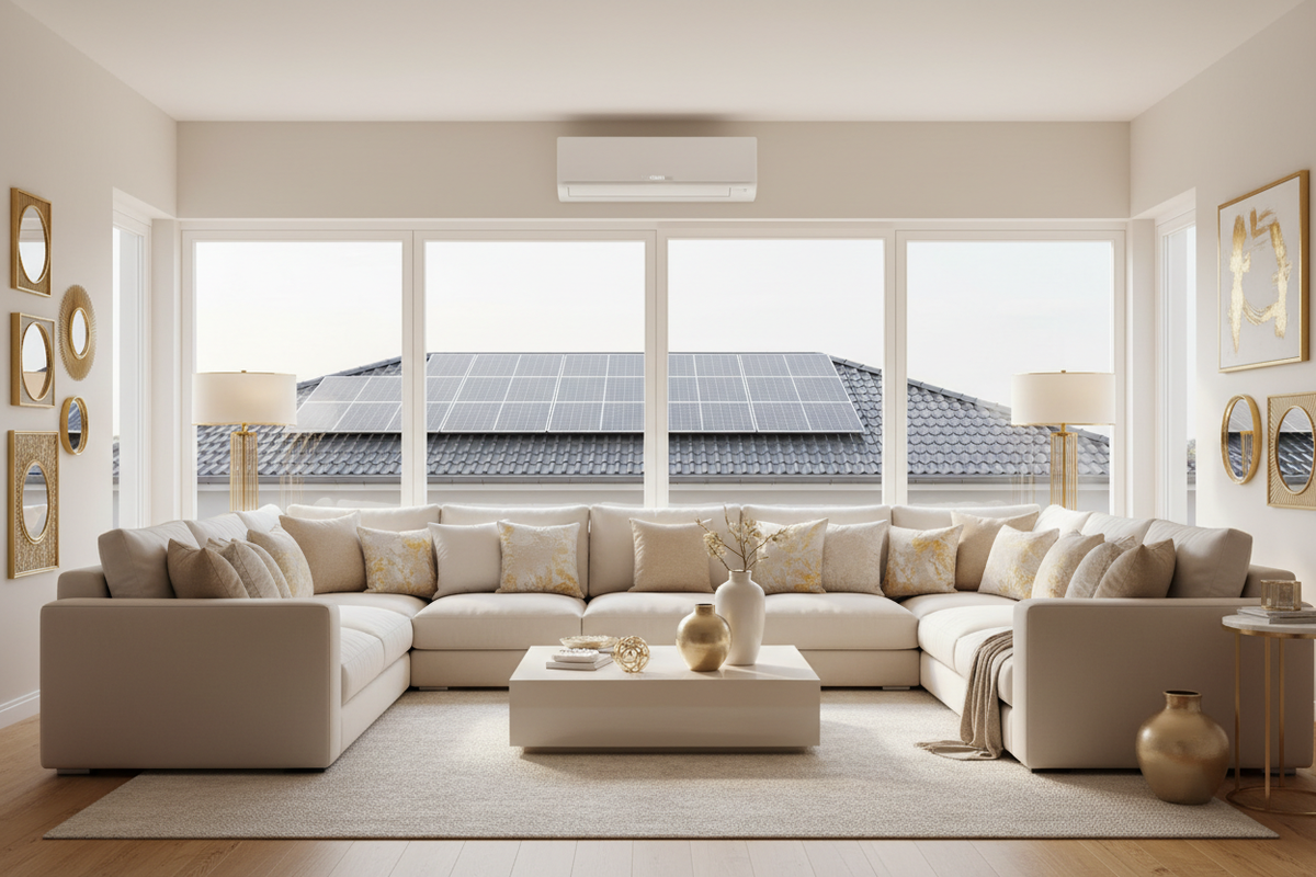 High end, realistic living room photograph in 4k resolution. Bright, clean, soft natural light, no film grain, no noise, no blur. Modern cream and beige room with a large comfortable sofa and cushions, a white wall mounted air conditioner above, and big sliding doors with a view of a roof with neat solar panels. Warm gold accents in lamps and decor to match a cream and gold palette. Wide horizontal hero banner, 2400×1100 style, sharp focus, ultra detailed, smooth textures. No people, no text, no logos.