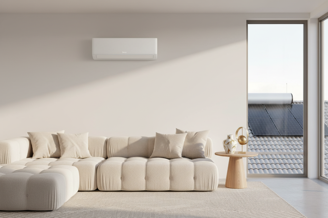 High resolution 4k photo of a modern cream and beige living room, with a white wall-mounted air conditioner above a comfy sofa, warm natural light, subtle gold decor accents, and a glimpse of a roof with neat black solar geyser panel through the window. Make the the major elements (the aircon, couch and solar geyser) close enough to see easily in a rectangular frame. Clean and sharp, no film grain, no blur, no people, no text or logos, wide hero banner format.